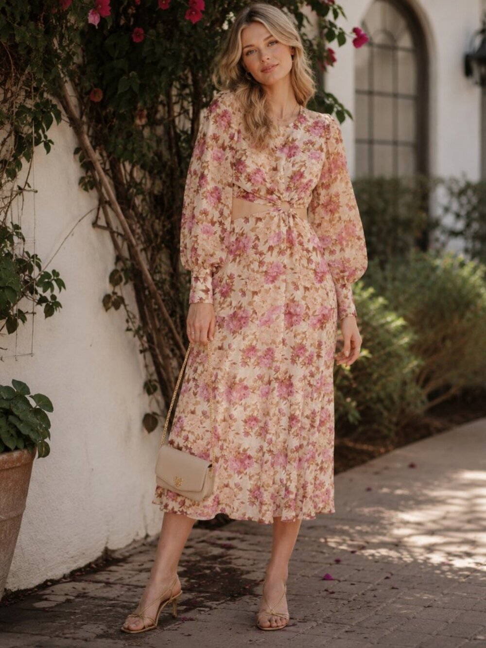 En Saison Lissandra Chiffon Midi Dress Pink Floral Multi Size Small NWT